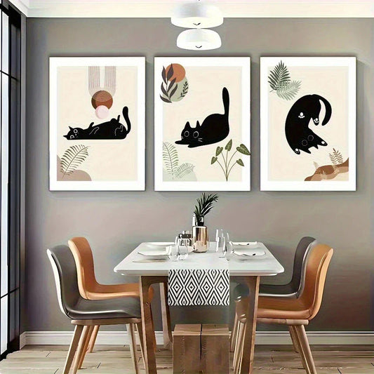 3pcs Leaves And Cute Cats Artwork Metal Print Ready to Hang Art