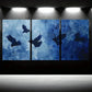 3pcs Abstract Blue Modern Black Bird Metal Print Ready to Hang Art
