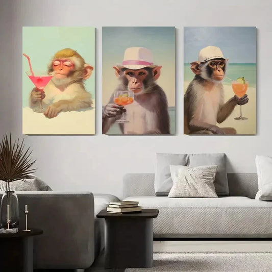 3pcs Tropical Monkey Cocktail Fun Beach Metal Print Ready to Hang Art