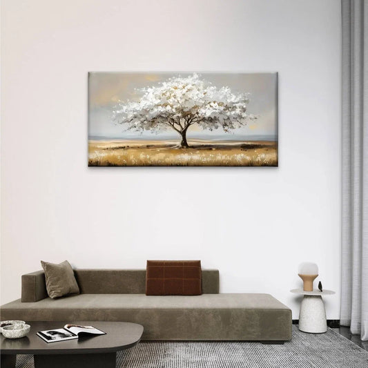 White Trees Grass Field Wall Art Canvas Office Home Room Framed 80x45cm