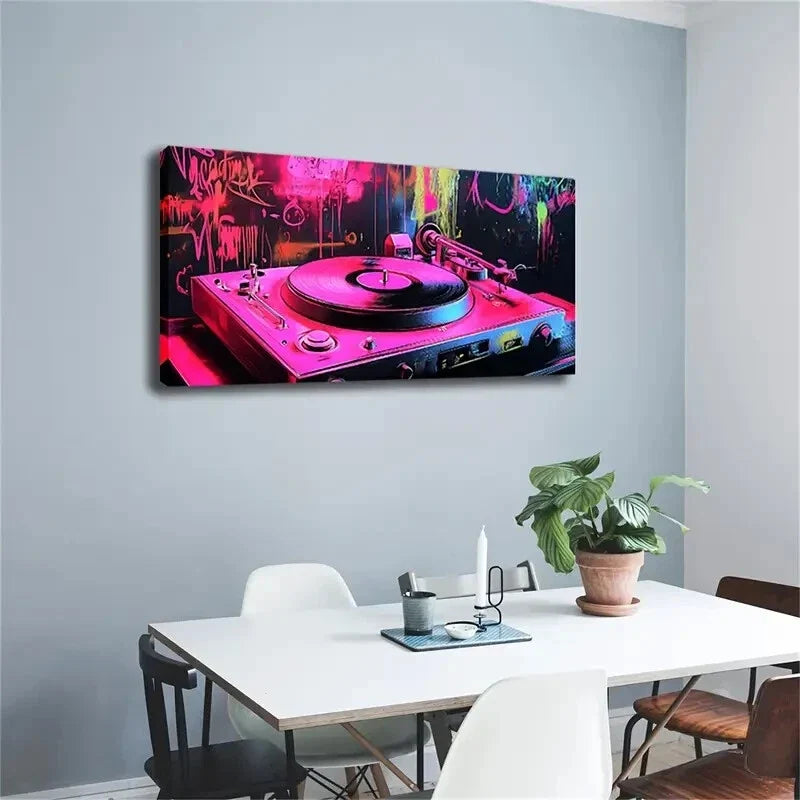 Neon-Lit Vinyl Record Player Wall Art Canvas Office Home Room Framed 120x60cm