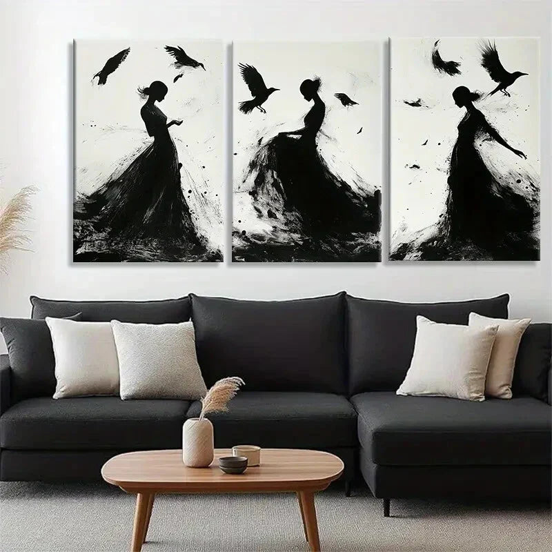 3pcs Silhouettes with Birds and Flowing Perfect Wall Art Set Canvas Framed 40x60cm - High Quality Print 100% Australian Made Wall Canvas Ready to Hang