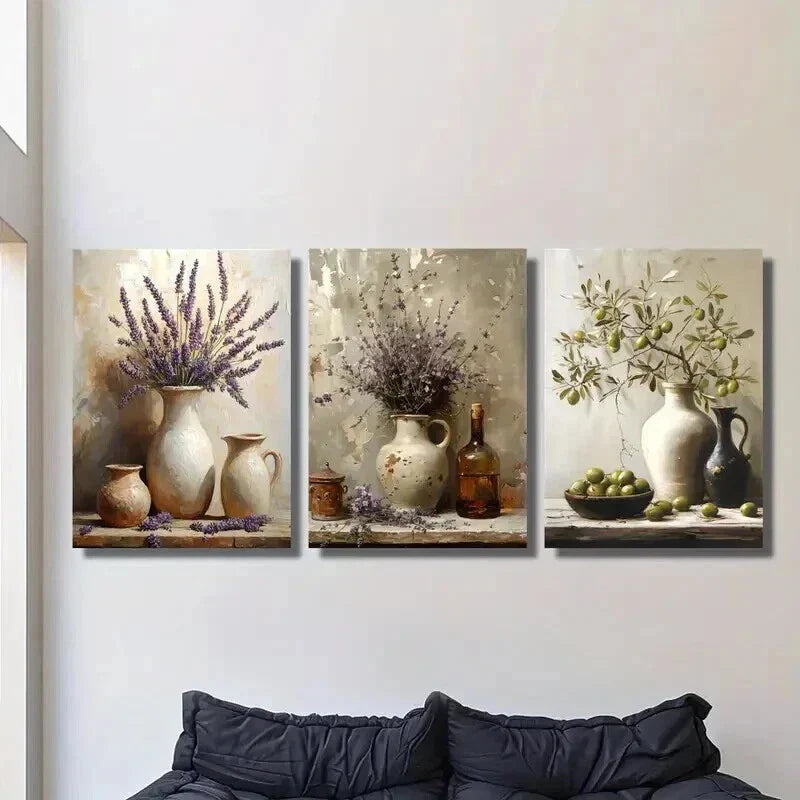 3pcs Rustic Three Lavender Pottery Jar Wall Art Set Canvas Framed 40x60cm - High Quality Print 100% Australian Made Wall Canvas Ready to Hang