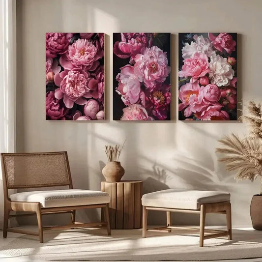 3pcs Dark Moody Peony Bold Botanical Floral Metal Print Ready to Hang Art'