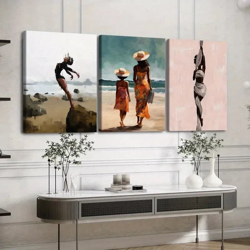 3pcs Fashion Artistic Vibrant Beach Scene Ladies Wall Art Set Canvas Framed 40x60cm - High Quality Print 100% Australian Made Wall Canvas Ready to Hang
