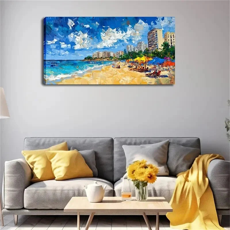 Colorful Beach Umbrellas Chairs Wall Art Canvas Office Home Room Framed 120x60cm