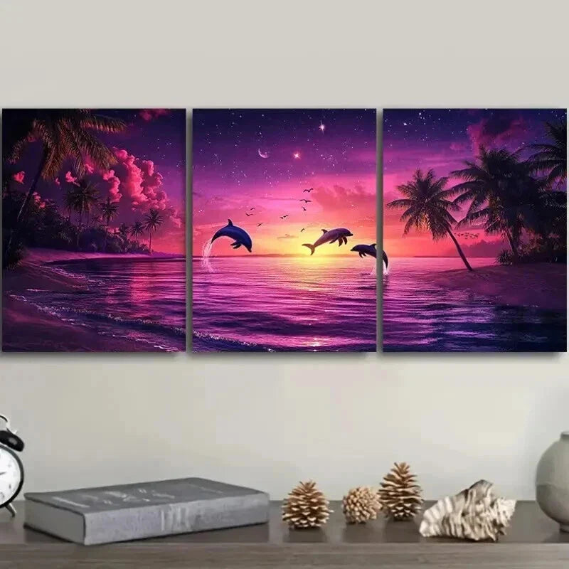 3pcs Dolphin Silhouette Under Purple Sky Perfect Wall Art Set Canvas Framed 40x60cm - High Quality Print 100% Australian Made Wall Canvas Ready to Hang