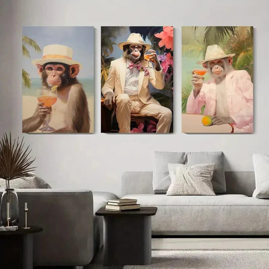 3pcs Monkeys in Suits Drinking Cocktails, Metal Print Ready to Hang Art