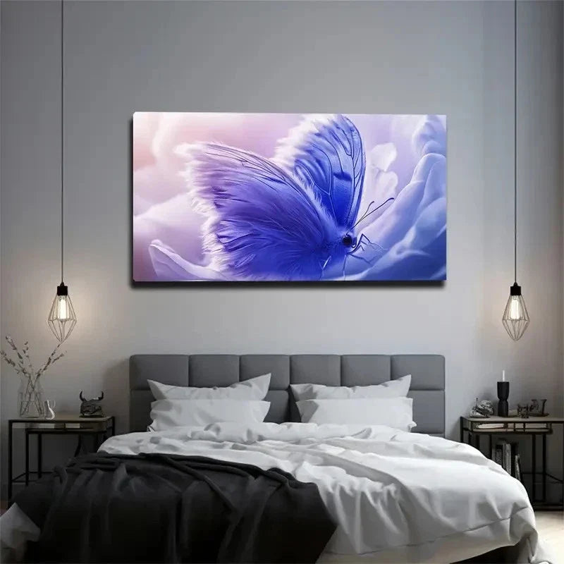 Delicate Blue Butterfly Pink Wall Art Canvas Office Home Room Framed 120x60cm