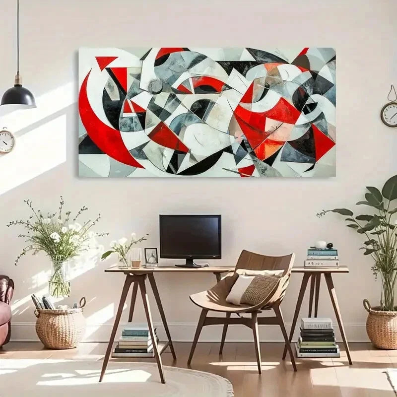 Modern Abstract Red Geometric Wall Art Canvas Office Home Room Framed 120x60cm