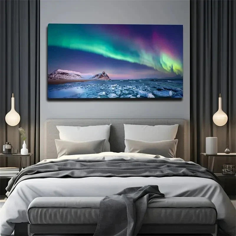 Aurora Borealis Northern Wall Art Canvas Office Home Room Framed 80x45cm