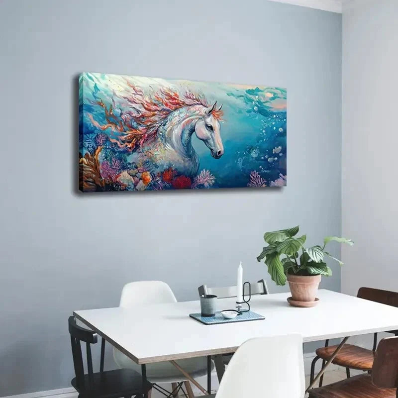 White Horse with Vibrant Coral Wall Art Canvas Office Home Room Framed 120x60cm