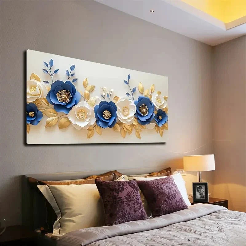 Blue and Cream Flower Design Wall Art Canvas Office Home Room Framed 120x60cm