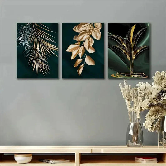 3pcs Green and Golden Flowers Metal Print Ready to Hang Art