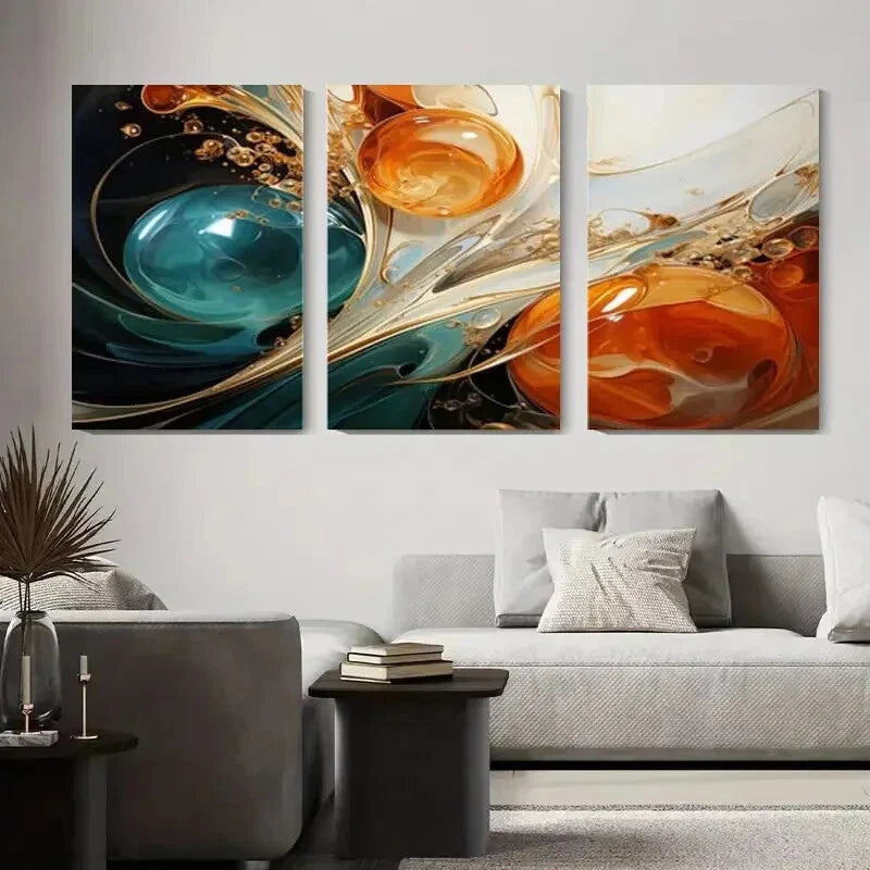3pcs Fluid Design of Orange and Blue Bubbles Metal Print Ready to Hang Art