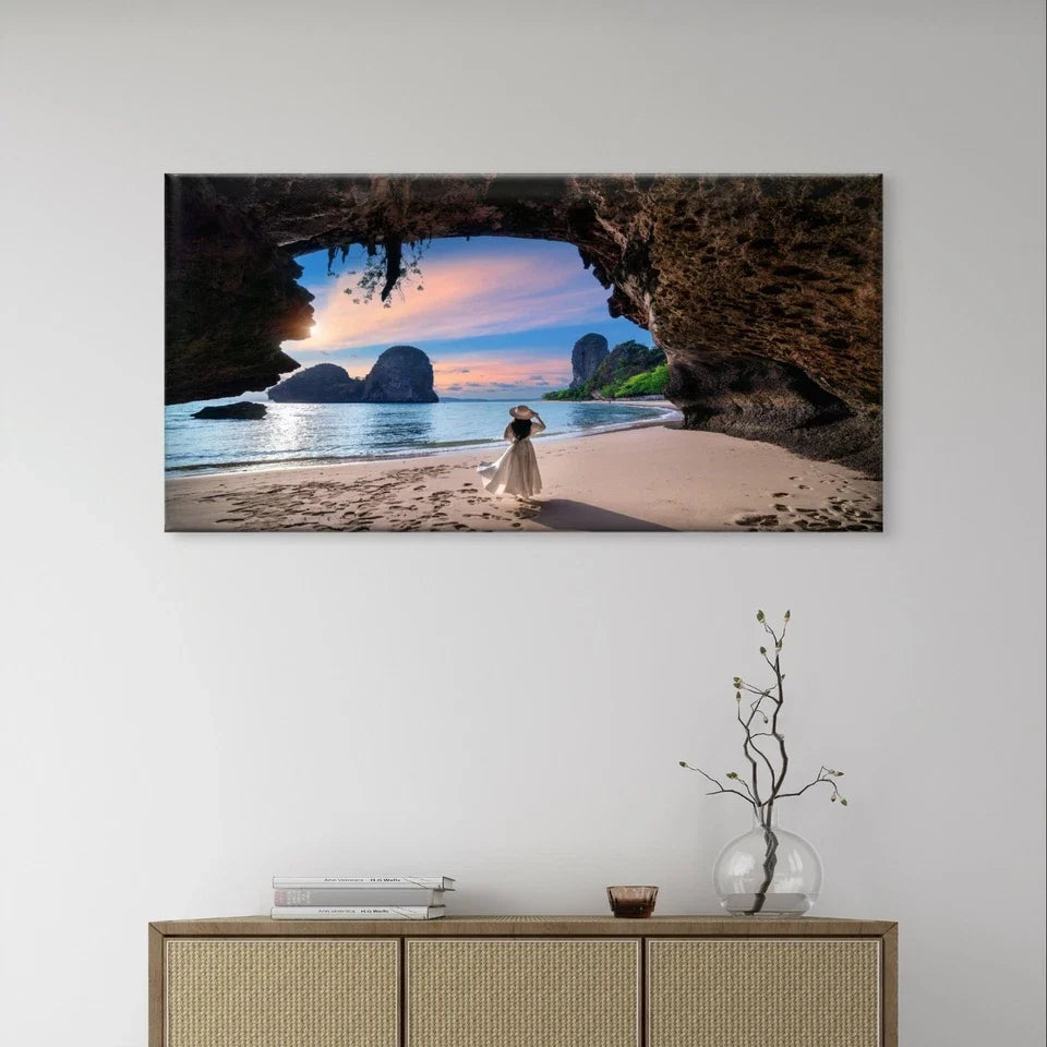 Woman in Tropical Beach and Sunset Wall Art Canvas Office Home Framed 120x60cm
