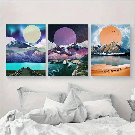 3pcs Roof Desert Abstract Mountain Moon Sea Metal Print Ready to Hang Art