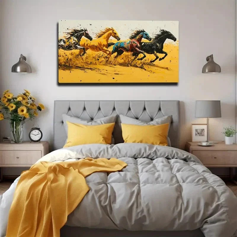 Four Running Horses Wall Art Canvas Office Home Room Framed 120x60cm