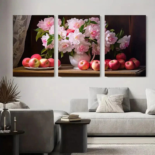 3pcs Pink Peony & Apple Floral Still Life Metal Print Ready to Hang Art
