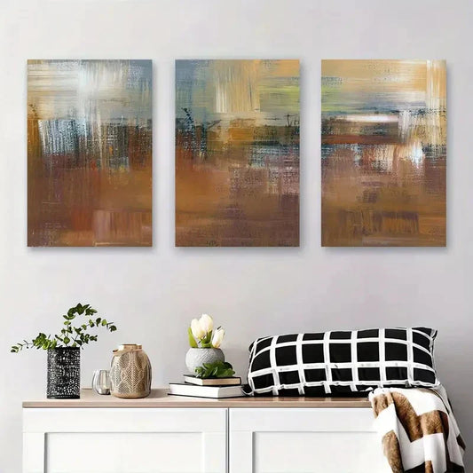 3pcs Abstract Landscape Earth Tones & Textured Metal Print Ready to Hang Art