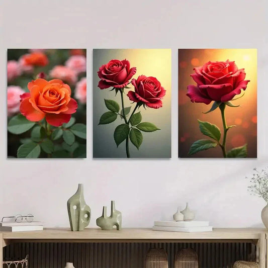 3pcs Vibrant Rose Flower Green Picture Wall Art Set Canvas Framed 40x60cm - High Quality Print 100% Australian Made Wall Canvas Ready to Hang