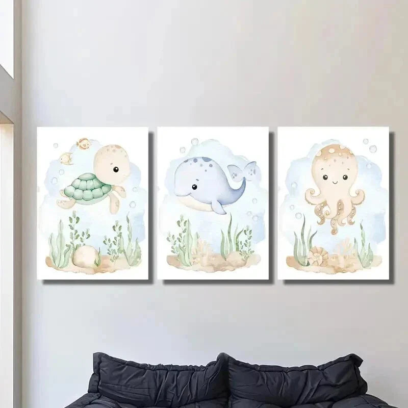 3pcs Undersea Nursery Turtle Whale & Octopus Wall Art Set Canvas Framed 40x60cm - High Quality Print 100% Australian Made Wall Canvas Ready to Hang