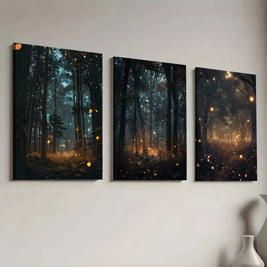 3pcs Decorative Enchanting Forest Firefly Scene Wall Art Set Canvas Framed 40x60cm - High Quality Print 100% Australian Made Wall Canvas Ready to Hang