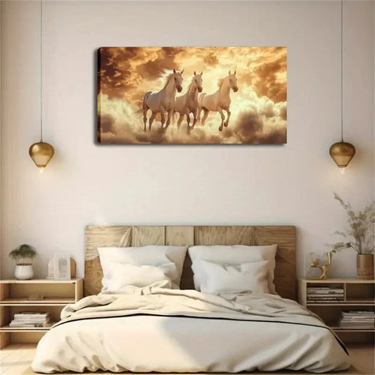 Three White Horses Standing Wall Art Canvas Office Home Room Framed 120x60cm