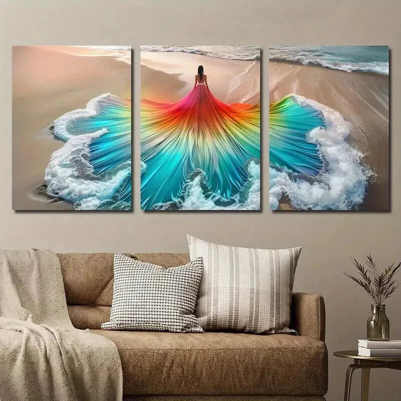 3pcs Beautiful Woman Art in Beach Wave Dress Wall Art Set Canvas Framed 40x60cm - High Quality Print 100% Australian Made Wall Canvas Ready to Hang