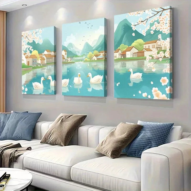 3pcs Serene Ducks on Tranquil River  Wall Wall Art Set Canvas Framed 40x60cm - High Quality Print 100% Australian Made Wall Canvas Ready to Hang