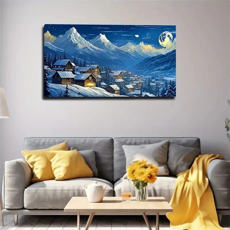 Snowy Village Decor Moonlit Wall Art Canvas Office Home Room Framed 80x45cm