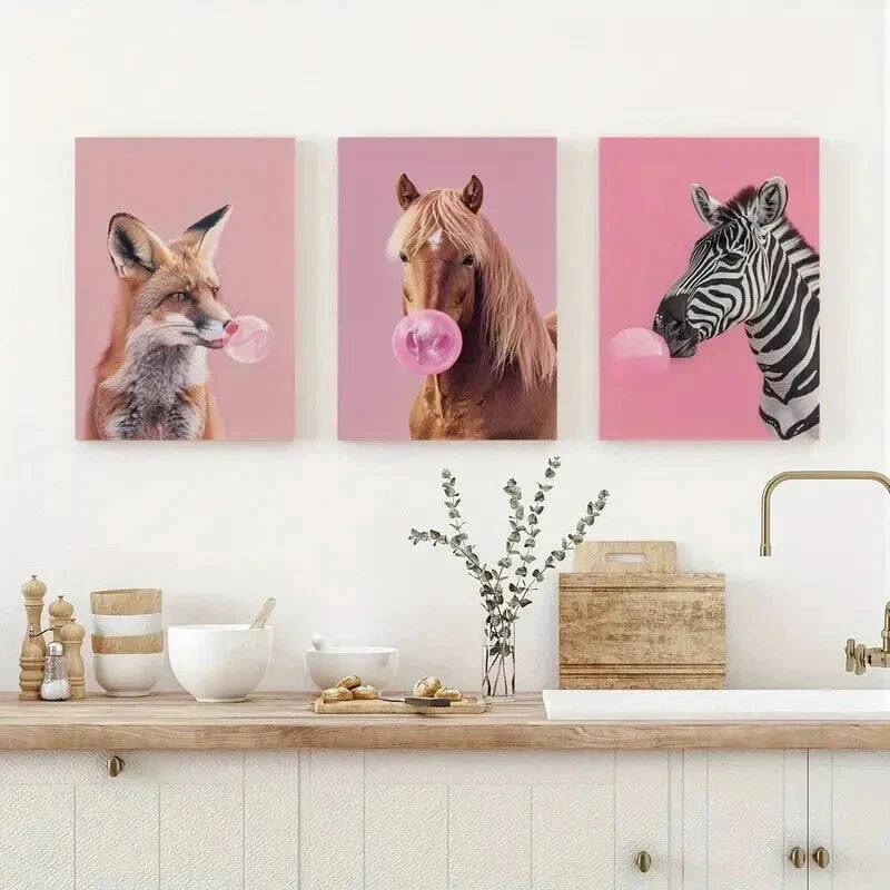 3pcs Fox Horse Zebra Blowing Bubbles Wall Art Set Canvas Framed 40x60cm - High Quality Print 100% Australian Made Wall Canvas Ready to Hang