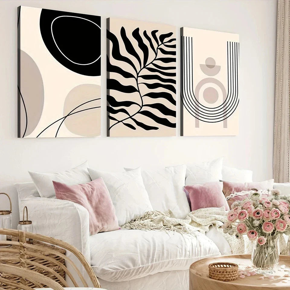 3pcs Modern Abstract Geometric Leaves Black Line Wall Art Set Canvas Framed 40x60cm - High Quality Print 100% Australian Made Wall Canvas Ready to Hang
