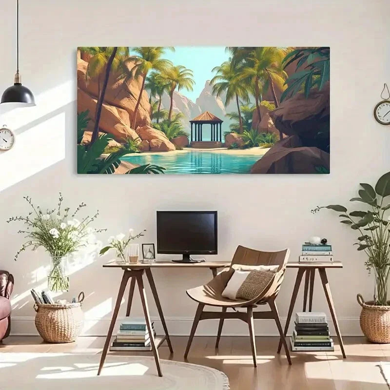 Gazebo And Palm Trees Scene Wall Art Canvas Office Home Room Framed 120x60cm