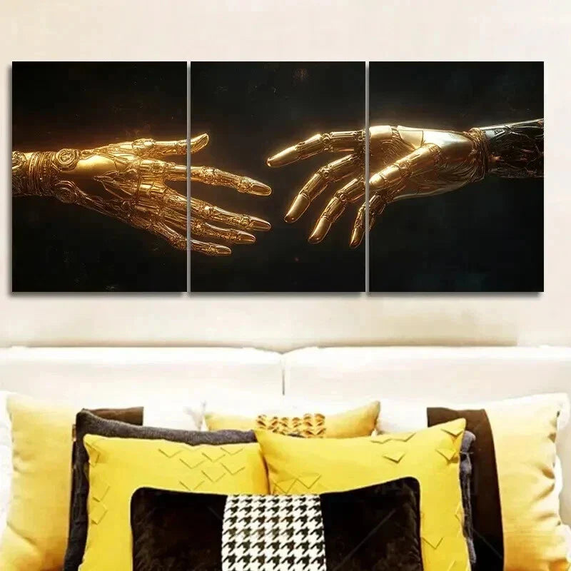 3pcs Mechanical Golden Hand Decoration Wall Art Set Canvas Framed 40x60cm - High Quality Print 100% Australian Made Wall Canvas Ready to Hang
