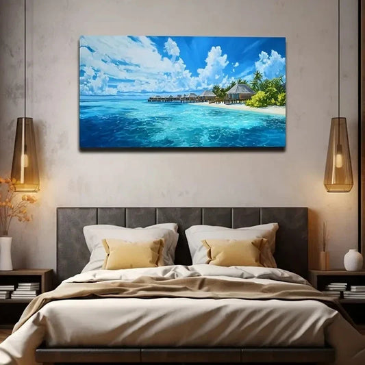 Vibrant Beach Scene Wall Art Canvas Office Home Room Framed 80x45cm