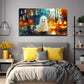 White Ghost And Glowing Pumpkin Wall Art Canvas Office Home Room Framed 80x45cm