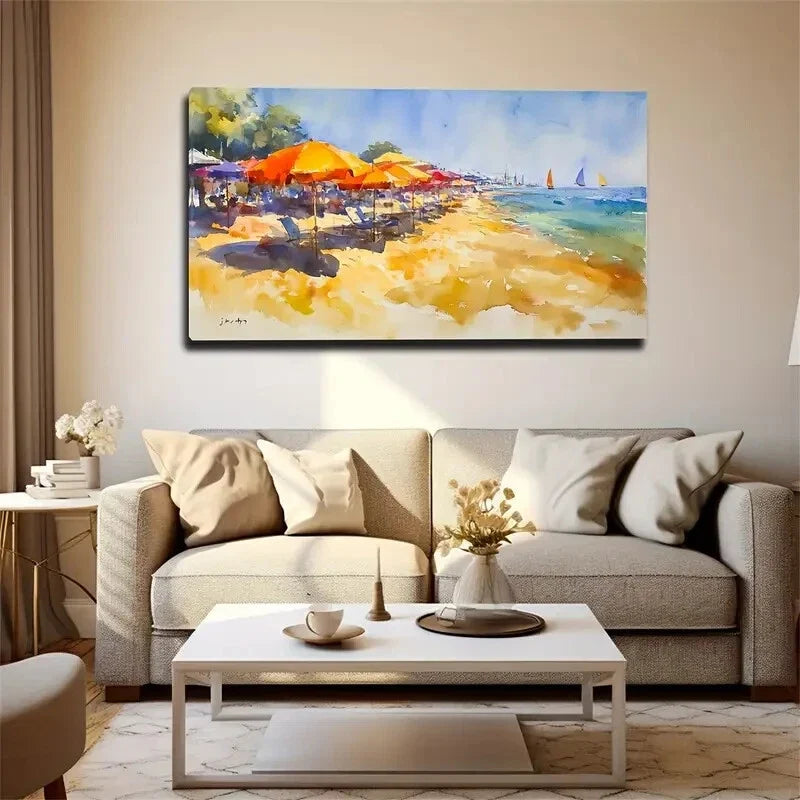 Vibrant Beach Umbrellas Neatly Wall Art Canvas Office Home Room Framed 120x60cm