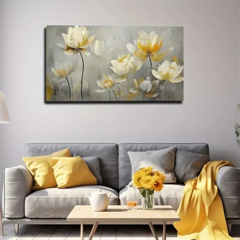 White Petals With Yellow Dots Wall Art Canvas Office Home Room Framed 120x60cm
