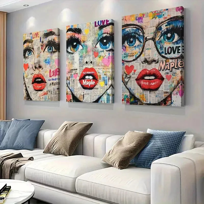 3pcs Pop-Art Style Female Face Triptych  Wall Art Set Canvas Framed 40x60cm - High Quality Print 100% Australian Made Wall Canvas Ready to Hang