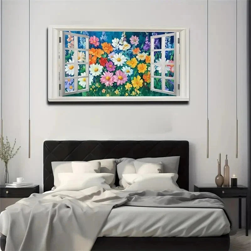 Vibrant Floral Faux Window Dark Wall Art Canvas Office Home Room Framed 80x45cm
