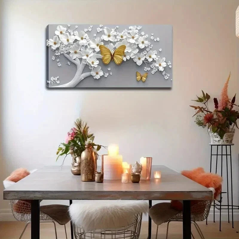 White Flower Golden Butterflies Wall Art Canvas Office Home Room Framed 120x60cm