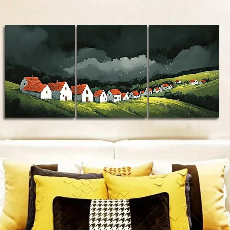 3pcs A little village with red roofs Metal Print Ready to Hang Art