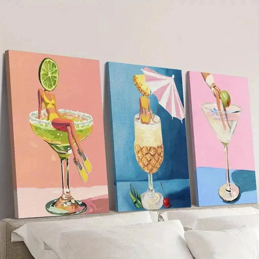 3pcs Woman in Cocktail Wine Glass Wall Art Set Canvas Framed 40x60cm - High Quality Print 100% Australian Made Wall Canvas Ready to Hang