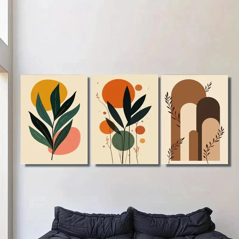 3pcs Modern Abstract Leaf Geometric Shapes Metal Print Ready to Hang Art