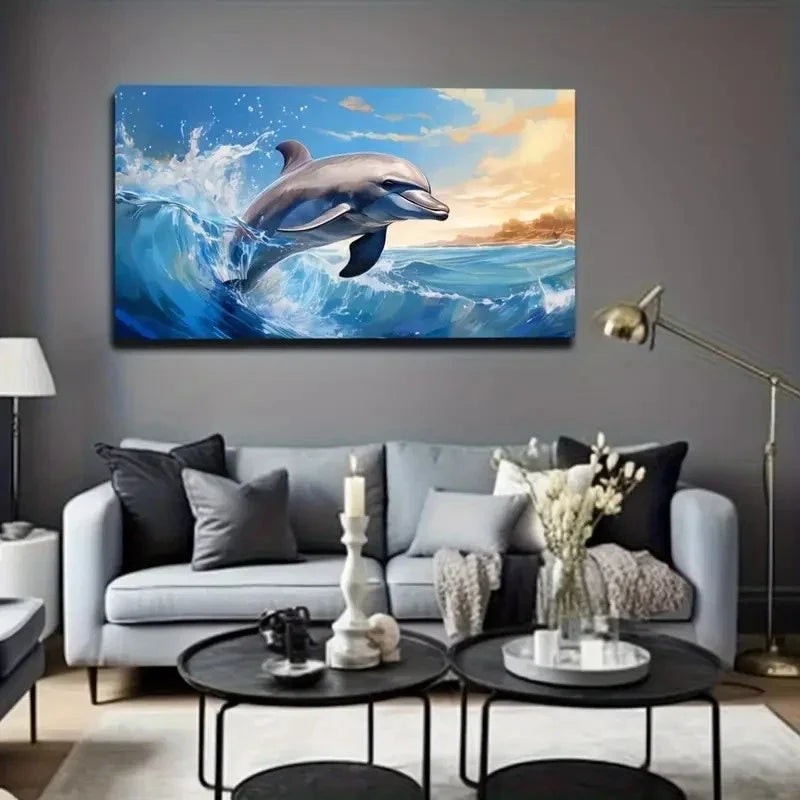 Vibrant Dolphin Ocean Scene Wall Art Canvas Office Home Room Framed 120x60cm