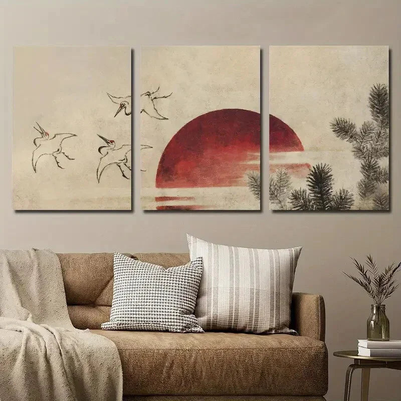 3pcs Vintage Japanese Crane Bird And Sunset Wall Art Set Canvas Framed 40x60cm - High Quality Print 100% Australian Made Wall Canvas Ready to Hang