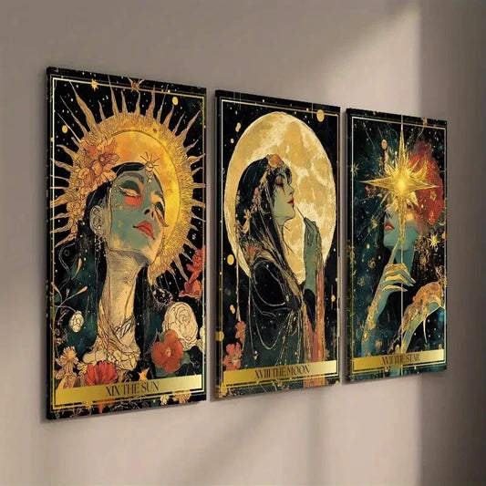3pcs Magic Cards Sun Stars And Moon Cards Wall Art Set Canvas Framed 40x60cm - High Quality Print 100% Australian Made Wall Canvas Ready to Hang
