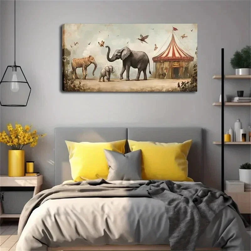 Realistic Circus Scene Elephant Wall Art Canvas Office Home Room Framed 80x45cm