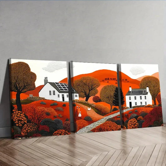 3pcs Colorful Autumn Sun House Perfect Wall Art Set Canvas Framed 40x60cm - High Quality Print 100% Australian Made Wall Canvas Ready to Hang